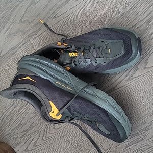 Hoka speedgoat sneakers dark green olive and orange/yellow vibram